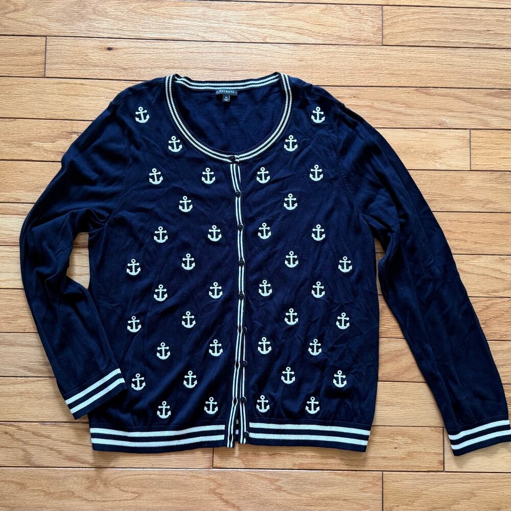 Talbots XL Navy Blue Anchor Embroidered Cardigan Sweater Nautical Stripe Trim